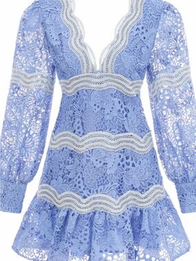 Miss Rosier Blue Floral Embroidered Lace Mini Dress Small Coquette Cottagecore